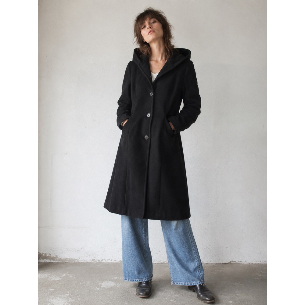Marvin Richards Black Hooded 100% Wool Overcoat Button Front USA Womens Medium
